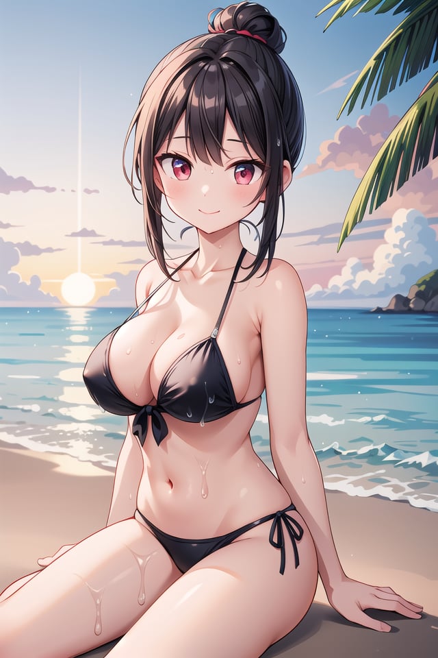 insanely detailed, absurdres, ultra-highres, ultra-detailed, best quality,1girl, solo, nice hands, perfect handsBREAK(wearing swimwear:1.3)BREAKseductive smile, closed mouth,sitting on sand of beach, seductive pose, cowboy shotBREAKslender, kawaii, perfect symmetrical face, ultra cute girl, ultra cute face, ultra detailed eyes, ultra detailed hair, ultra cute, ultra beautifulBREAKEvening sea Capture the mesmerizing beauty of the ocean as the sun sets, painting the sky with warm hues, depth of field, ultra detailed backgroundBREAKmedium large breasts, , extremely detailed navel, (wet skin:1.2), (shiny skin:1.3)BREAKblack hair, red eyes, topknot,