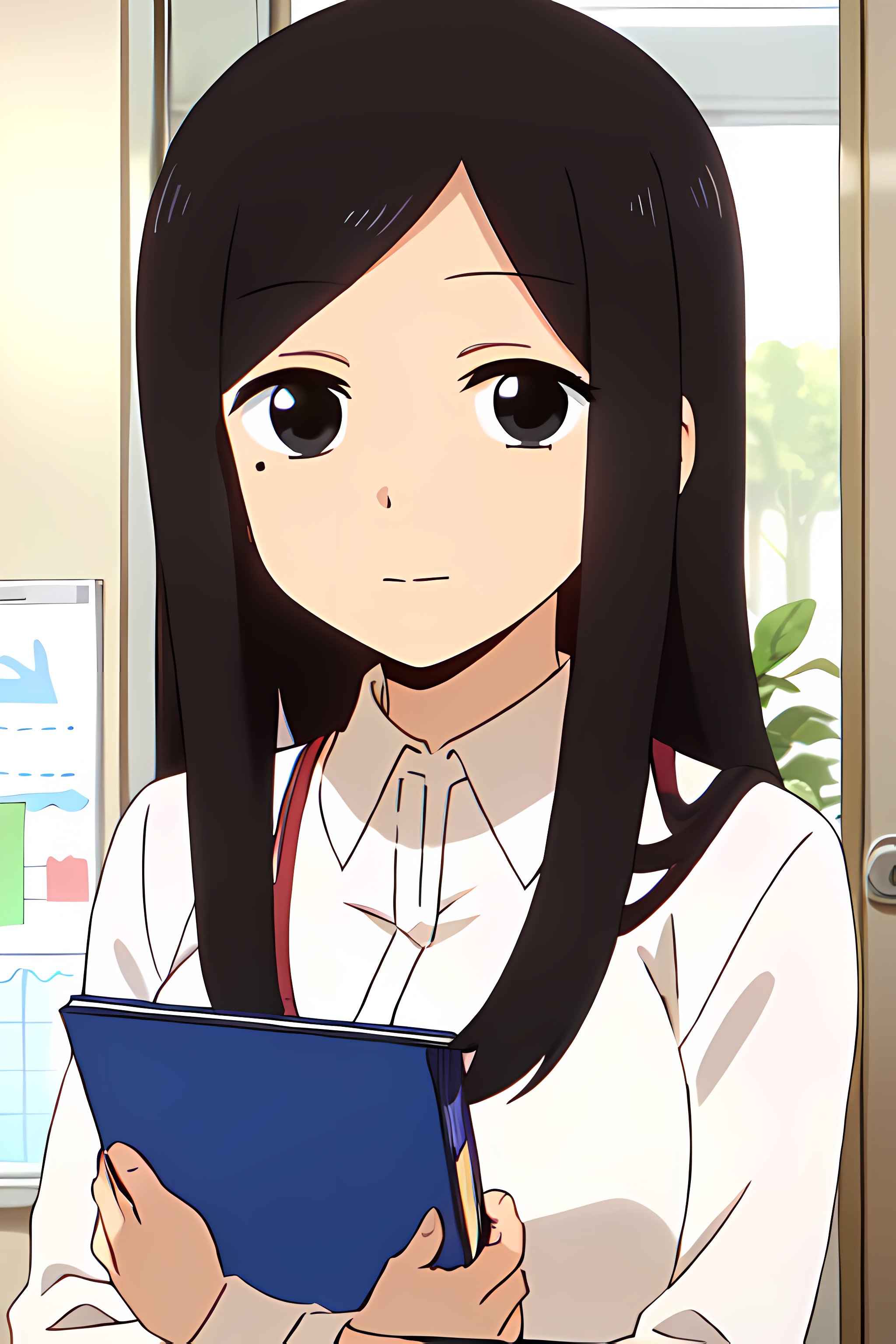 best quality, (masterpiece:1.2), detailed, perfect face, beautiful face,   <lora:Touko-13:0.7>,Touko, 1girl, mole under eye, mole, black hair, solo, black eyes, office lady, shirt, looking at viewer, indoors, breasts, holding, office, collared shirt, long hair, large breasts, long sleeves, plant, upper body