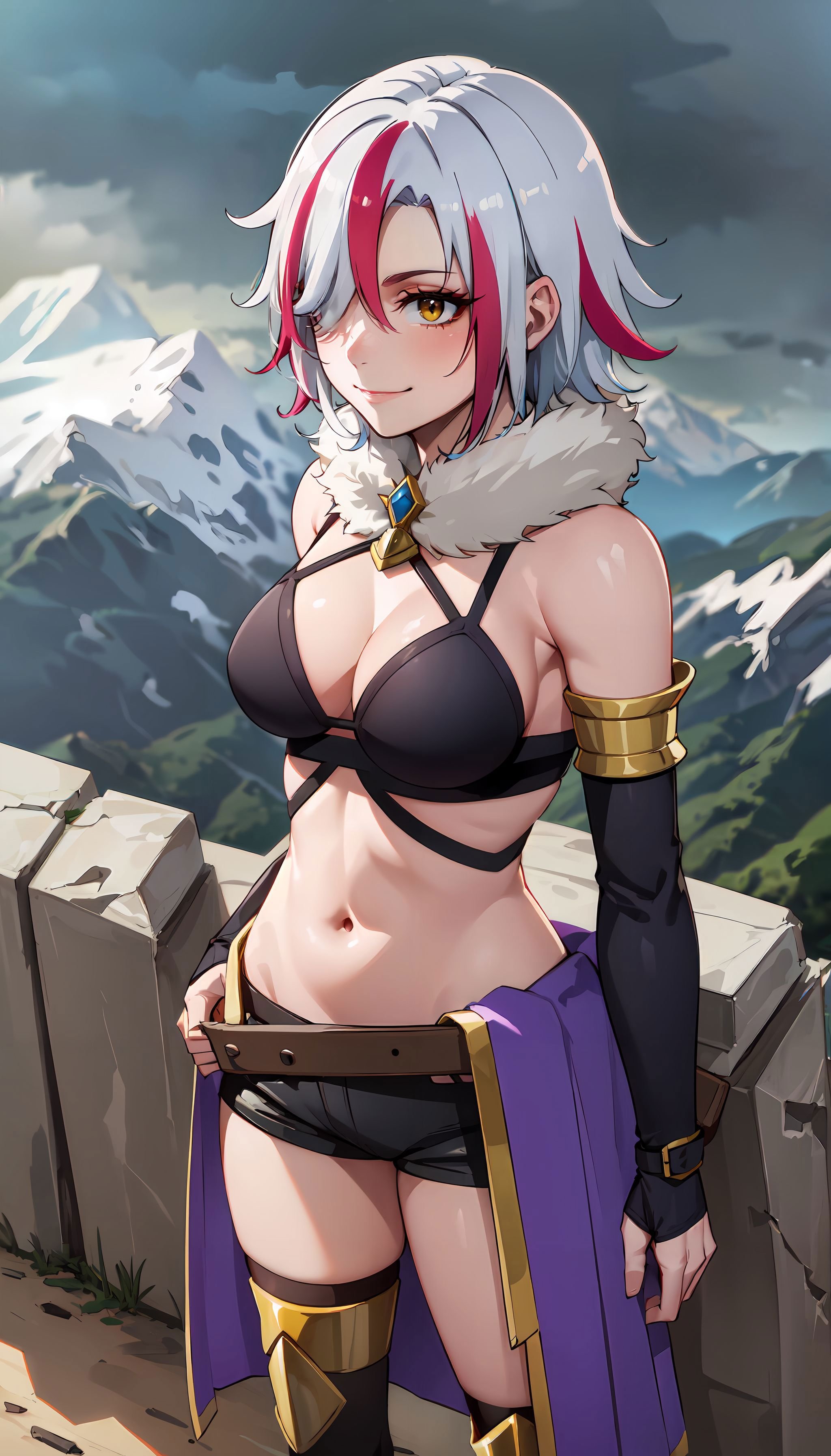 photorealistic, (4k), depth of field, (Masterpiece), (realistic skin texture), extremely detailed, intricate, hyper detailed, high resolution, sharp detail, best quality, woman, white hair, streaked hair, hair covering one eye, metal bra, detached sleeves, bare shoulders, fur trim,  (purple waist cape), black shorts, yellow eyes,  , toe-point ,  <lora:Sofia_Bulga:0.7> , happy smirk, mountain range, on top of a mountain, rocky mountain, snowy mountain, from above, vantage point, on the edge,  <lora:GoodHands-vanilla:0.8> <lora:BetterFeet:0.8>