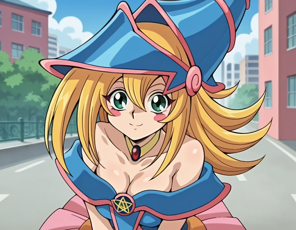 score_9, score_8_up, score_7_up, source_anime,darkmagiciangirl, <lora:dark-magician-girl-anime-ponyxl-lora-nochekaiser:1>dark magician girl, blonde hair, choker, green eyes, long hair, blush, blush stickers,bare shoulders, blue footwear, blush, blush stickers, cleavage, collarbone, duel monster, hat, off shoulder, pentacle, wizard hat,outdoors, cityscape, smile, bent over,looking at viewer, dutch angle, cowboy shot,