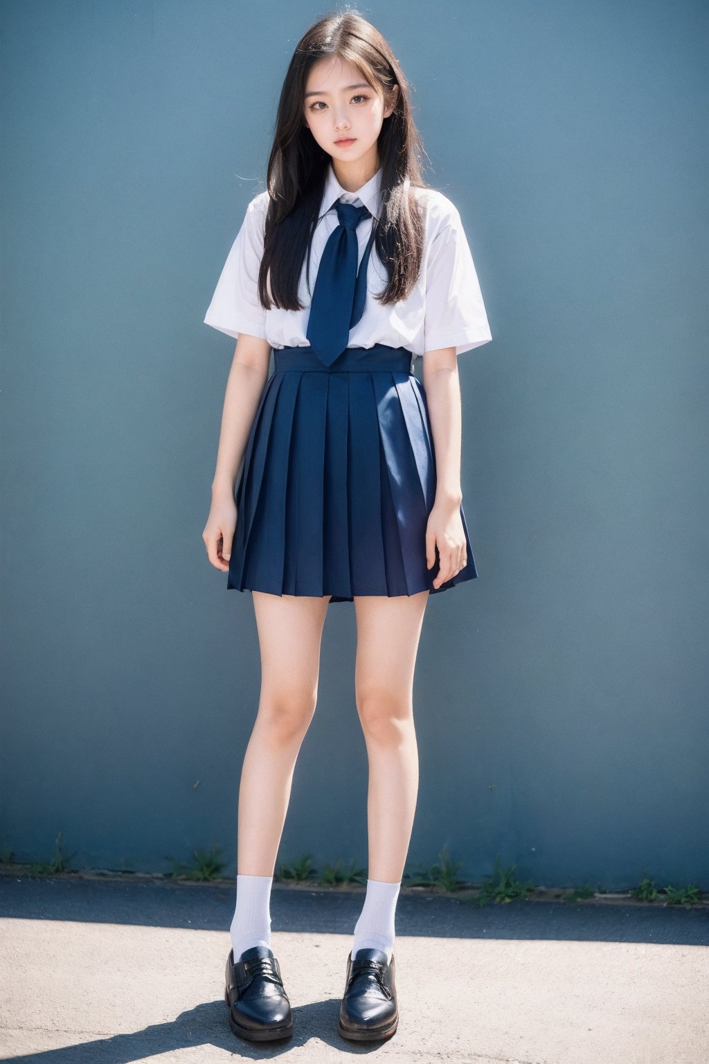 photorealistic,1girl,long hair,school uniform,pleated dress,full body,