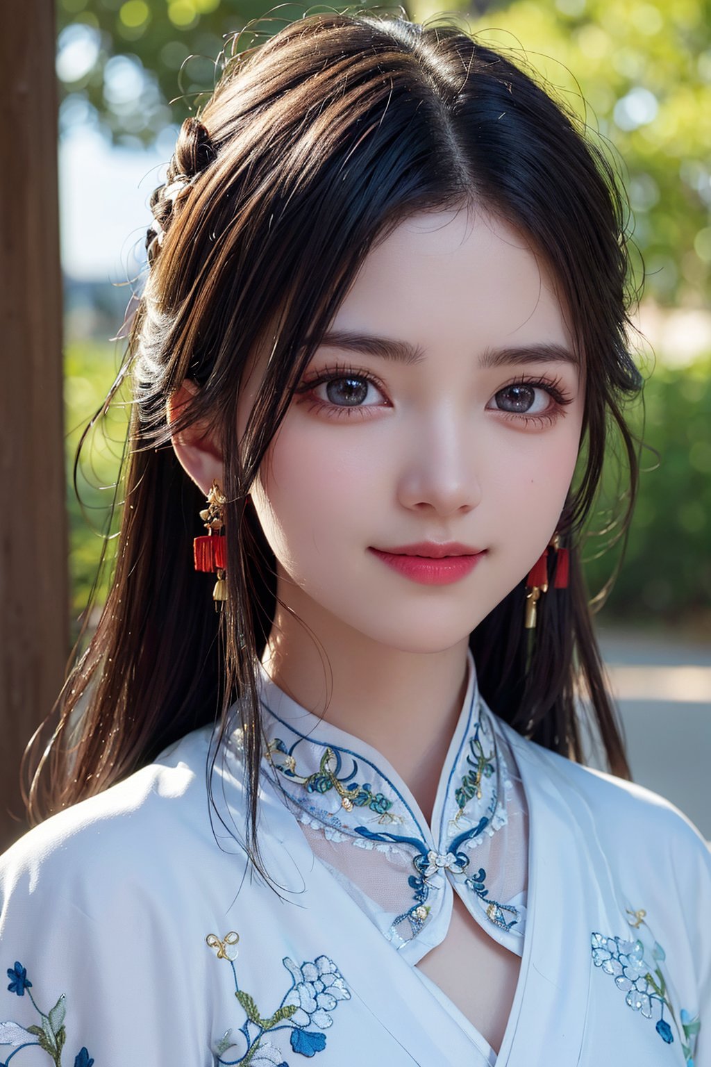 (best quality, masterpiece, 8K, ultra high res, realistic:1.3), (Beautiful and detailed face:1.2), (close-up:1.2), 1girl, solo, looking at viewer, big eyes, small breasts, slim body, arms at sides, smile, (Extremely detailed chinese long embroidery silk robe:1.2), earrings, hairpin, necklace, architecture, east asian, riverside, forest,