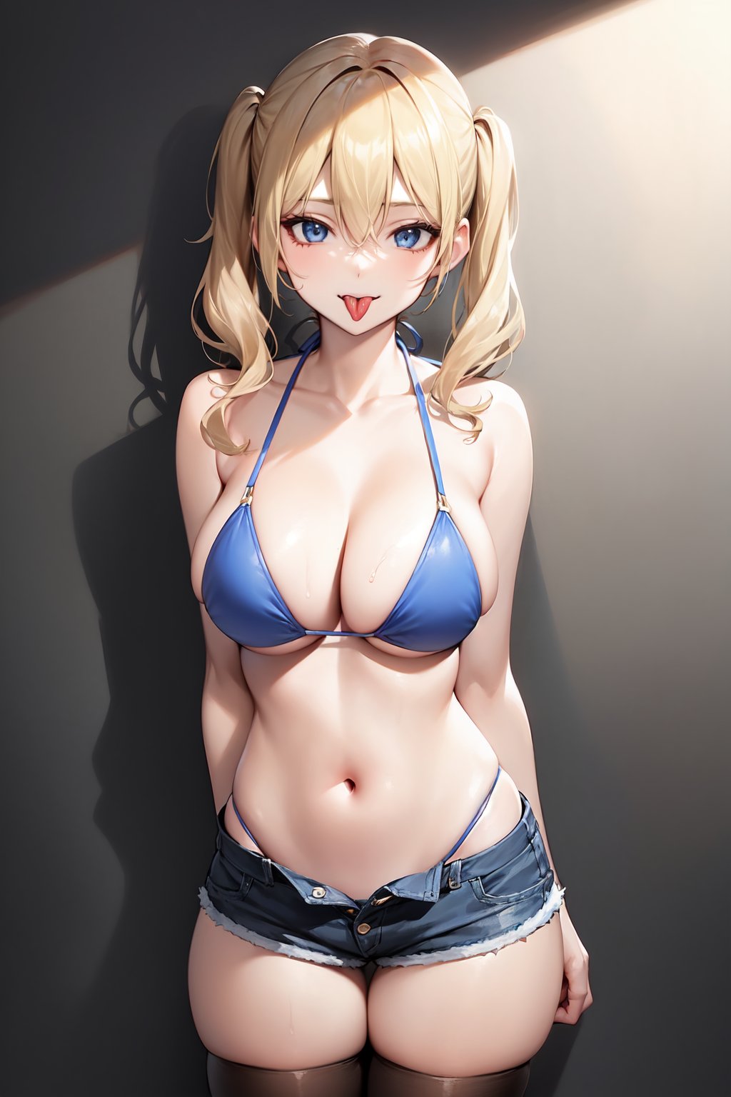 1girl, , bare shoulders, bikini, bikini top only, blonde hair, blue eyes, breasts, cleavage, collarbone, cowboy shot, denim, denim shorts, hair between eyes, large breasts, looking at viewer, navel, no panties, short shorts, shorts, sleeveless, solo, standing, stomach, swimsuit, thighhighs, tongue, tongue out, twintails, 