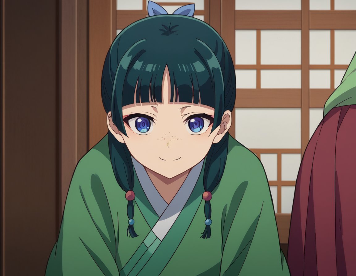 score_9, score_8_up, score_7_up, source_anime,maomao, <lora:kusuriya-maomao-s1-ponyxl-lora-nochekaiser:1>,maomao, long hair, bangs, blue eyes, hair ornament, green hair, blunt bangs, freckles, hair bun, single hair bun,japanese clothes, robe, green robe, long sleeves, wide sleeves, skirt, red skirt,indoors, bent over, smile,looking at viewer, cowboy shot, dutch angle,