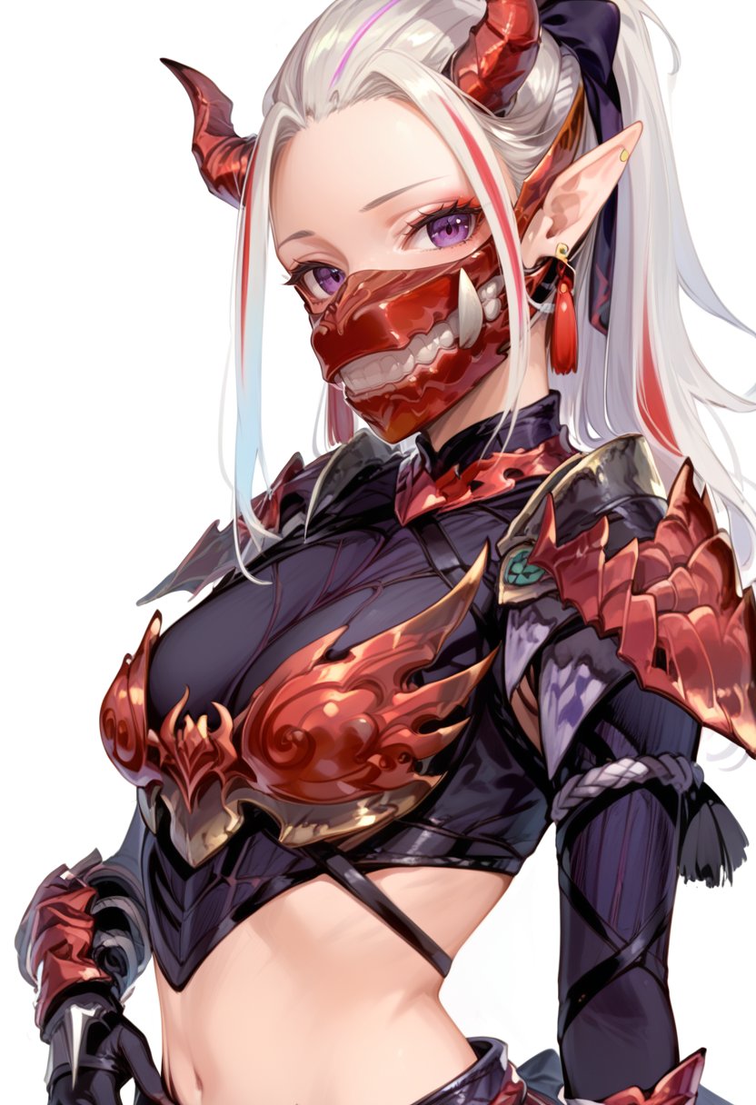 (score_9:0.9),score_8_up,score_7_up,anime style,rating_safe,(zPDXL),<lora:Odogaron Armor Alpha ponyXL v1.5:0.9>,odogaron alpha armor,red mouth mask,red gauntlets,1girl,solo,purple eyes,white background,streaked hair,pointy ears,multicolored hair,long hair,looking at viewer,simple background,white hair,horns,jewelry,earrings,upper body,earrings,