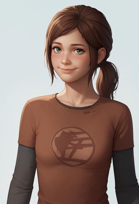 score_9, score_8_up, score_7_up, score_6_up, score_5_up, score_4_up, 1girl,  <lora:EllieWilliams:0.85>, solo, small breasts, skinny, green eyes, brown hair, ponytail, lips, shirt, t-shirt, layered sleeves, short over long sleeves, jeans, standing, smile, blush, upper body, from side, looking at viewer,(light blue background), simple background,