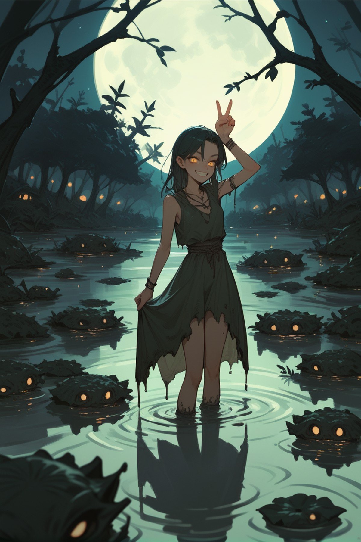 score_9,score_8_up,score_7_up,solo,1girl,v,swamp,night,moon,grin,