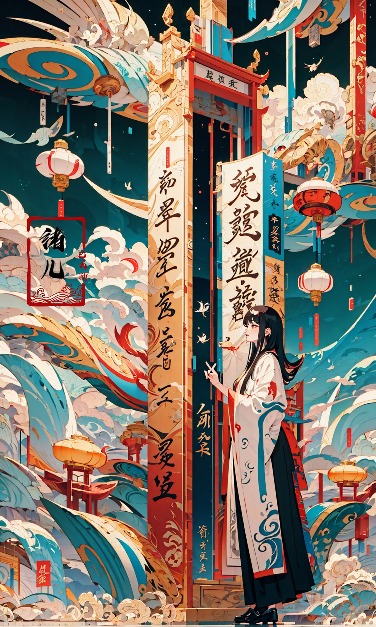 illustrations,guochao，Calligraphy, cloud，<lora:guochao_20231107061426:0.8>