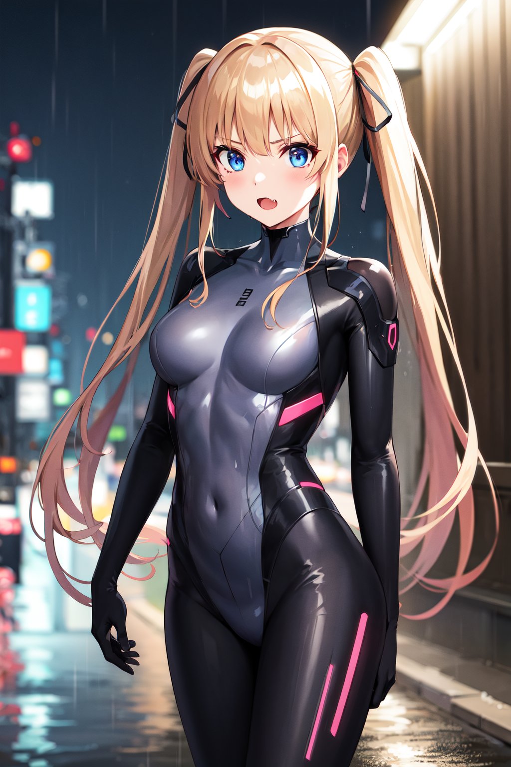 masterpiece, best quality, highres, aaeriri, long hair, twintails, hair ribbon, fang, <lora:sawamura_spencer_eriri_v1:0.7>,  cyberpunk, bodysuit, street, standing, cowboy shot, night, rain, wet