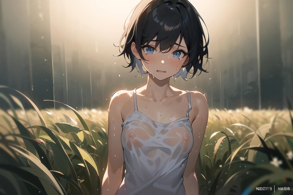 masterpiece, best quality, masterpiece,(illustration),tomboy girl,black hair,dark blue eyes,(medium breasts),short hair,bangs,highly detailed skin,lonely,white camisole,covered nipple,wet clothes,shorts,dark rainy night,night,wet,crying,field,backlighting,by paul hedley,upper body focus,solo