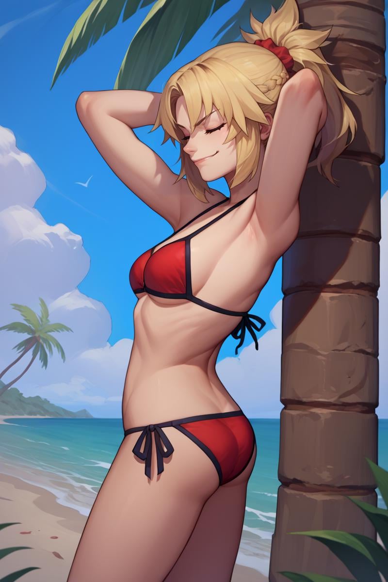 score_9, score_8_up, score_7_up, score_6_up, source_anime, BREAK solo, <lora:mordred-pdxl-nvwls-v1-000005:1> 1stRiderMord, blonde hair, closed eyes, ponytail, red bikini, side-tie bikini bottom, bare arms, medium breasts, smirk, from side, arms behind head, beach, blue sky, palm tree