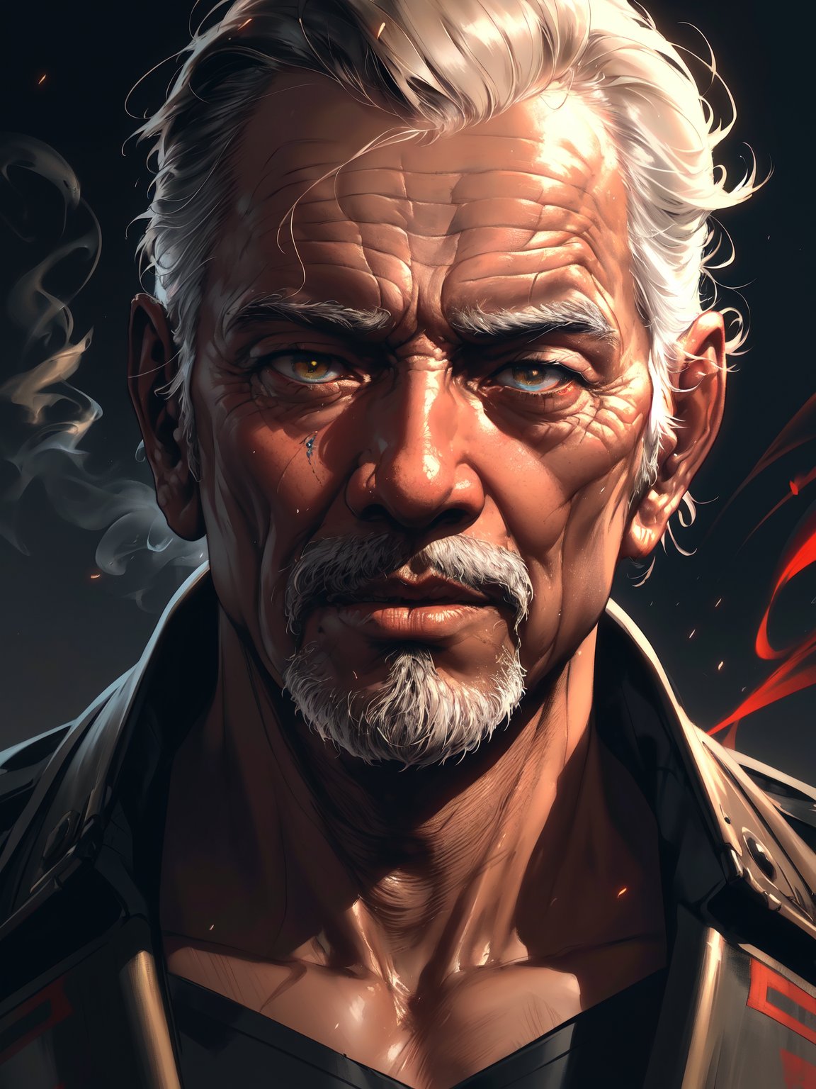 a handsome boy, short hair, suit, designed by greg manchess, smoke, Close Portrait of a indonesian old man, bright eyes, matte lips, futuristic, trending on art station, photoreal, 8 k, octane render by greg rutkowski, art by Carne Griffiths and Wadim Kashin ,in the style of Dau-al-Set, Pollock, and inspired by MAPPA and Zdzislaw Beksinski