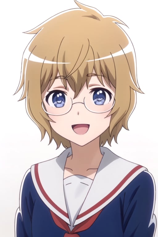 solo, 1girl, looking at viewer, 2D, anime, official style, anime coloring, anime screencap, upper body, (simple background, solid white background:1.3), <lora:mayura-mikakunin-01:0.8>, mayura momouchi, school uniform, glasses, smile, :d