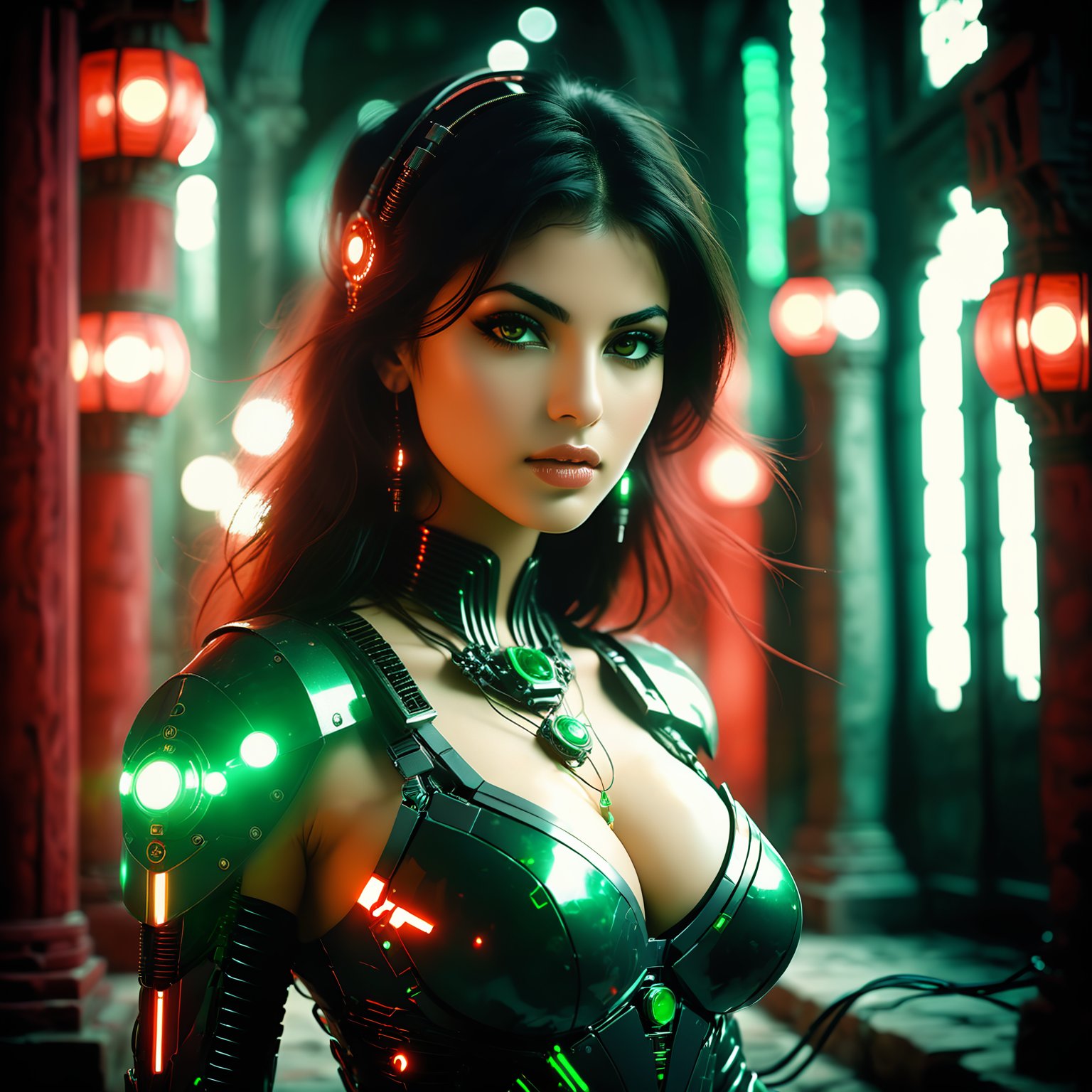 analog film photo nodf_xl, high quality, Persian female, sexy, cleavage, cyborg scifi, dark, glowing, red and green, mechanical, wires and cables, portrait, fierce, dynamic pose, bokeh, Ancient temple background, <lora:nodf_xl:1> . faded film, desaturated, 35mm photo, grainy, vignette, vintage, Kodachrome, Lomography, stained, highly detailed, found footage