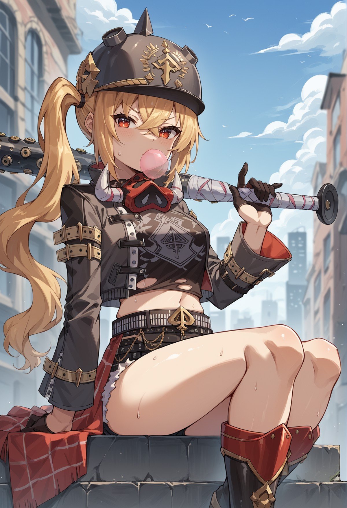 1girl, long hair, side ponytail, blonde hair, red eyes, jewelry, helmet, tank top, jacket, Mask Around Neck, belt, shorts, boots, waist cape, baseball batlooking at viewer, chewing gum, sweat, outdoors, city   <lora:Lucy_ZZZ:1>, score_9, score_8_up, score_7_up, score_6_up, score_5_up, score_4_up, BREAK source_anime, masterpiece