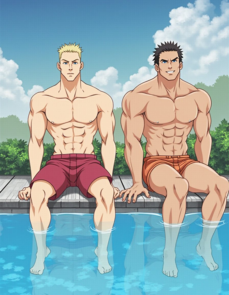 <lora:flux-cn2mjoe:0.7>,2MJOE, The image shows two muscular men sitting on the edge of a swimming pool. 