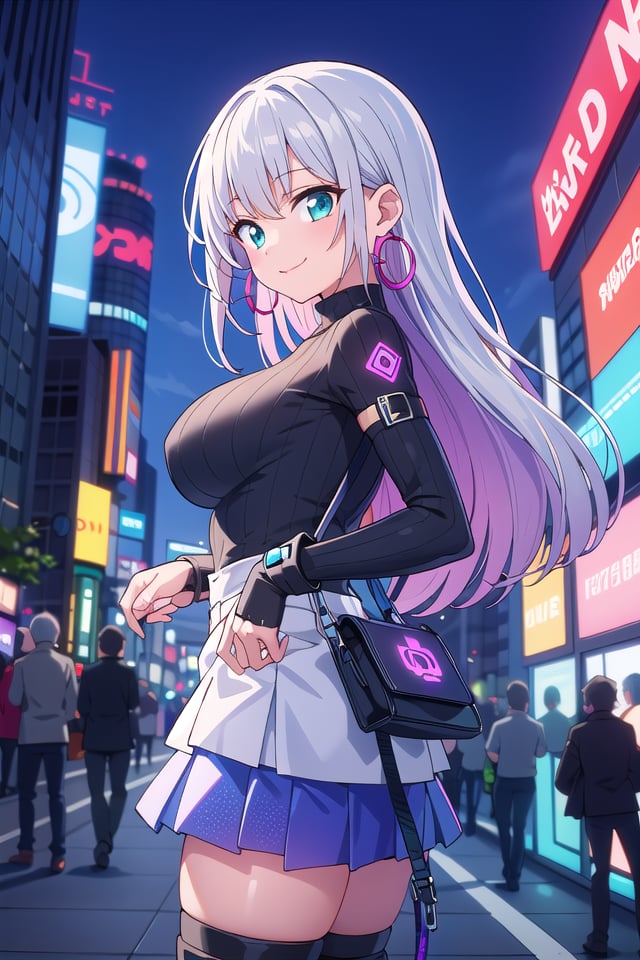 insanely detailed, absurdres, ultra-highres, ultra-detailed, best quality,1girl, solo, nice hands, perfect handsBREAK(Cyberpunk theme:1.2), ((wear an oversized white turtleneck with holographic circuit pattern) paired with (black A-line layered skirt):1.2), (black thigh-high boots:1.2)BREAK(silver accessories:1.2), (silver hoop earrings:1.2), (silver ankle bracelet:1.2)BREAKhappy smile, laugh, closed mouthBREAKfrom side,standing, cowboy shot, looking at viewerBREAKslender, kawaii, perfect symmetrical face, ultra cute girl, ultra cute face, ultra detailed eyes, ultra detailed hair, ultra cute, ultra beautifulBREAKshibuya, akihabara, tokyo, street, crowd, cityscape, depth of field, ultra detailed backgroundBREAKlarge breastsBREAKpink hair, dark green eyes, afro,