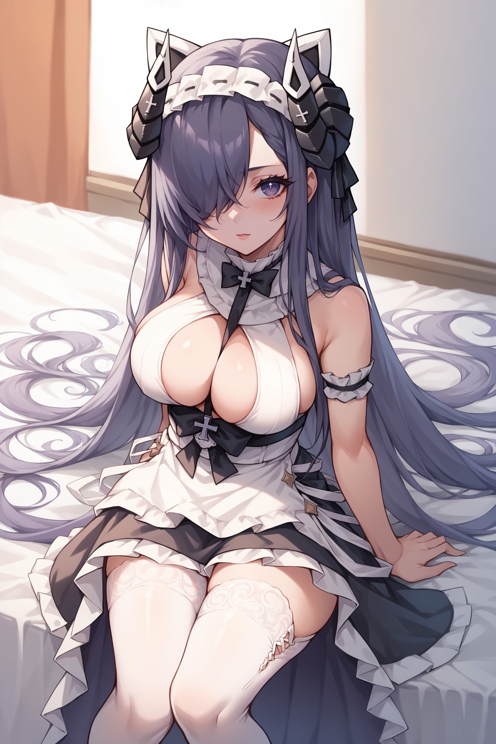 score_9, score_8_up, score_7_up, , rating_general,1girl ,avpmd, absurdly long hair, hair over one eye, mechanical curled horns, mechanical cat ears, maid headdress, white dress, arm garter, apron, cleavage cutout, strap between breasts, waist strap, black bows, cross, high-low skirt, white thighhigh, garter belt, dynamic angle, breast slip , source_anime, <lora:AugustVonParsevalPDCAME AL:1>, 