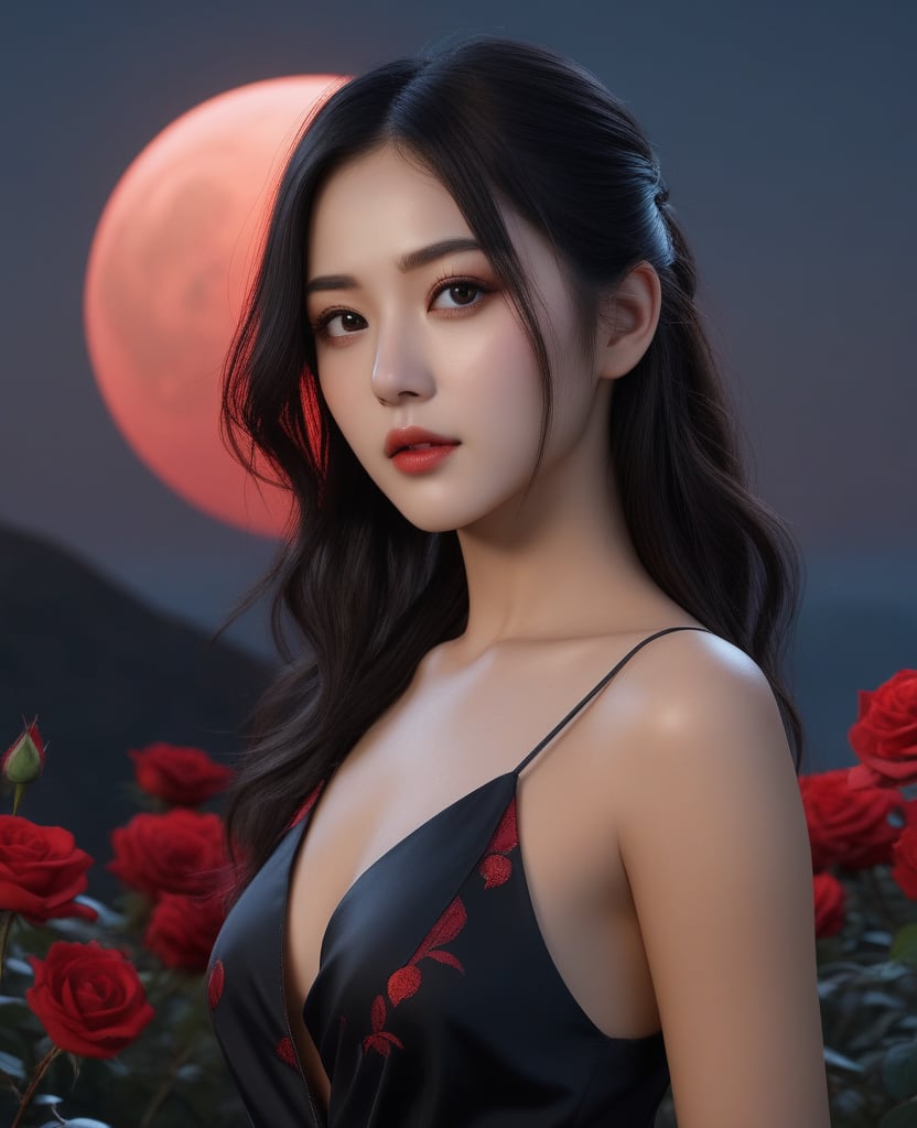 (,1girl, ,best quality, )masterpiece, fantasy, realistic,science fiction,mole, ultra realistic 8k cg, ,tamari \(flawless\),  ,red moon, black rose,     (()), (()),