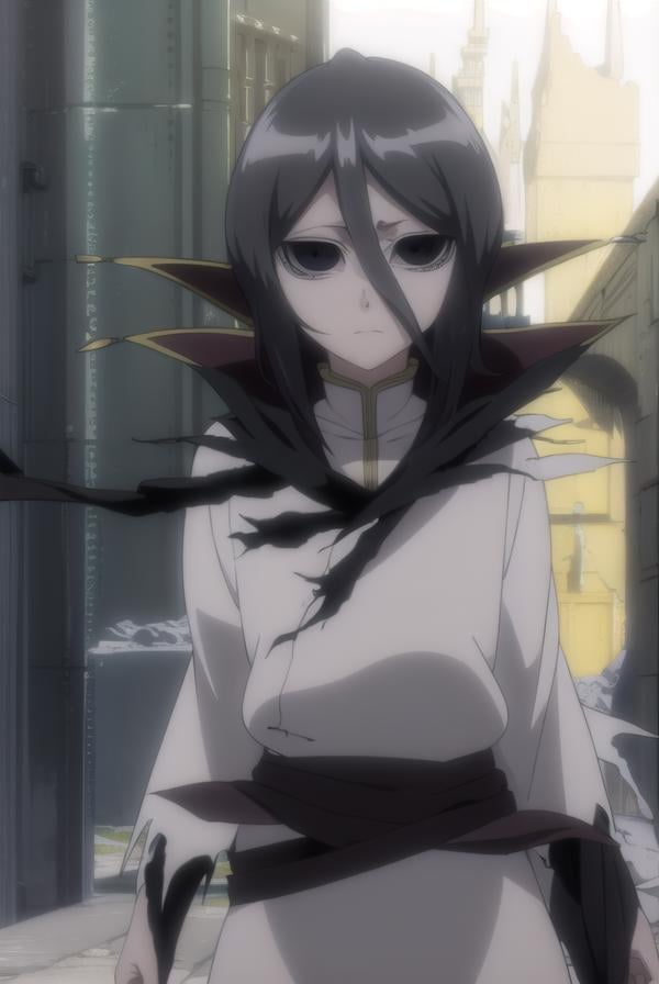 rukiakuchiki, <lora:rukia kuchiki movie3-lora-nochekaiser:1>,dark rukia kuchiki, kuchiki rukia, short hair, grey hair, hair between eyes, (black eyes:1.5), (black sclera:1.5),BREAK cape, robe, white robe, high collar, long sleeves, torn clothes,BREAK outdoors,BREAK looking at viewer, (cowboy shot:1.5),BREAK <lyco:GoodHands-beta2:1>, (masterpiece:1.2), best quality, high resolution, unity 8k wallpaper, (illustration:0.8), (beautiful detailed eyes:1.6), extremely detailed face, perfect lighting, extremely detailed CG, (perfect hands, perfect anatomy),