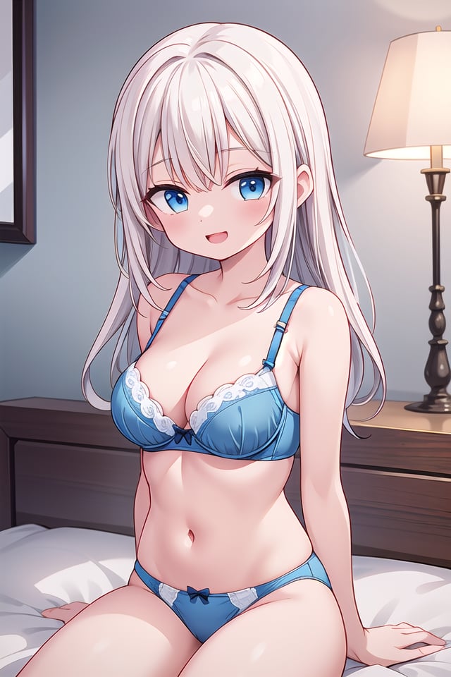 insanely detailed, absurdres, ultra-highres, ultra-detailed, best quality,(wearing pastel colored bra , wearing pastel colored panties :1.3),1 girl, solo, happy smile, laugh, open mouth,(sitting on bed), seductive pose, cowboy shot, looking at viewer,slender, kawaii, perfect symmetrical face, ultra cute girl, ultra cute face, ultra detailed eyes, ultra detailed hair, ultra cute, ultra beautiful,by Canon EOS, SIGMA Art Lens 35mm F1.4, ISO 200 Shutter Speed 2000,elegant hotel room, closed curtains, antique interior, ultra detailed background,cinematic light, indirect lighting, evening light, depth of field,medium large breasts, ,(white long hair, blue eyes),