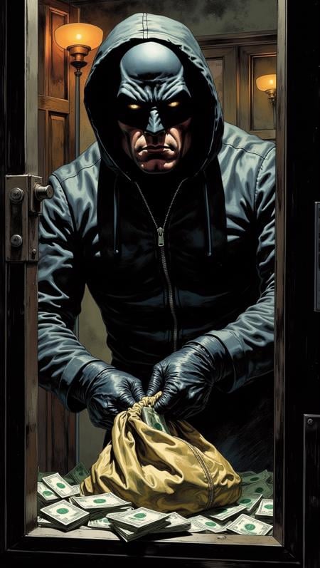 A lone bank robber, clad in a black mask and leather gloves, stands over an open vault filled with cash. His eyes gleam with excitement and greed as he stuffs the money into a large duffel bag. The alarm blares in the background, but he remains focused on his prize.<lora:Adventure_Comic_Book:0.8>