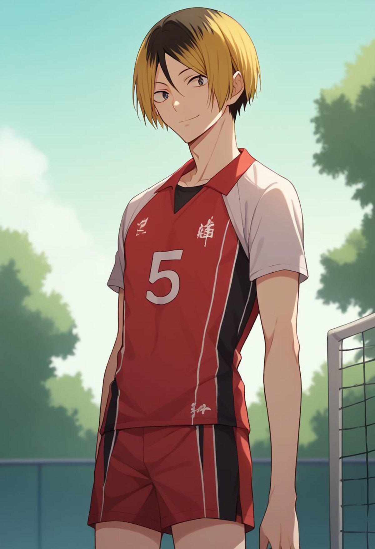 score_9, score_8_up, score_7_up, source_anime, highly detailed, kenma, 1boy, male focus, solo, blonde hair, sportswear, volleyball uniform, multicolored hair, shorts, two-tone hair, black hair, red short, upper body, skinny, slender, short height, smile, looking at viewer,outdoor,