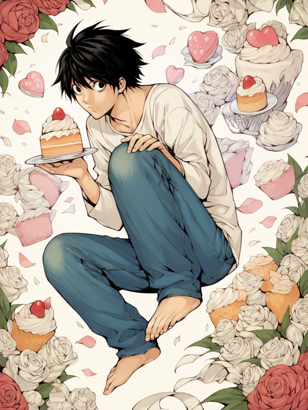 score_9, score_8_up, score_7_up, score_6_up, score_5_up,  <lora:d34thn0t3XLP:0.9> d34thn0t3, 1boy, L, jeans, barefoot, black hair, solo, holding cake slice