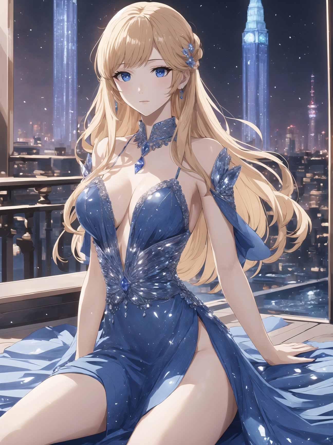 breathtaking 8k, masterpiece, (crystalline dress), <lora:crystalline_dress-1.0:0.8>, blue dress,