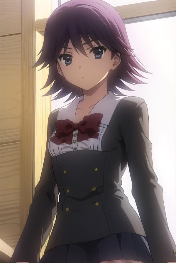 natsumikoizumi, <lora:natsumi koizumi s1-lora-nochekaiser:1>,natsumi koizumi, short hair, purple hair, (black eyes:1.5),BREAK skirt, thighhighs, school uniform, shoes, black thighhighs, zettai ryouiki, bow, red bow,BREAK indoors, classroom,BREAK looking at viewer, (cowboy shot:1.5),BREAK <lyco:GoodHands-beta2:1>, (masterpiece:1.2), best quality, high resolution, unity 8k wallpaper, (illustration:0.8), (beautiful detailed eyes:1.6), extremely detailed face, perfect lighting, extremely detailed CG, (perfect hands, perfect anatomy),