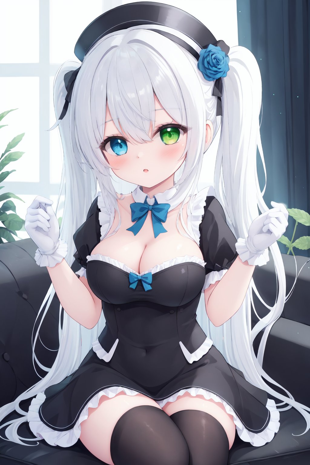 1girl, breasts, solo, heterochromia, green eyes, gloves, cleavage, long hair, black thighhighs, puffy short sleeves, rose, black dress, puffy sleeves, white gloves, black headwear, parted lips, mini hat, bangs, couch, frills, looking at viewer, on couch, holding, two side up, medium breasts, white hair, indoors, tilted headwear, twintails, blue flower, hand up, black bow, sitting, hair ornament, top hat, hair between eyes, blush, blue eyes, 