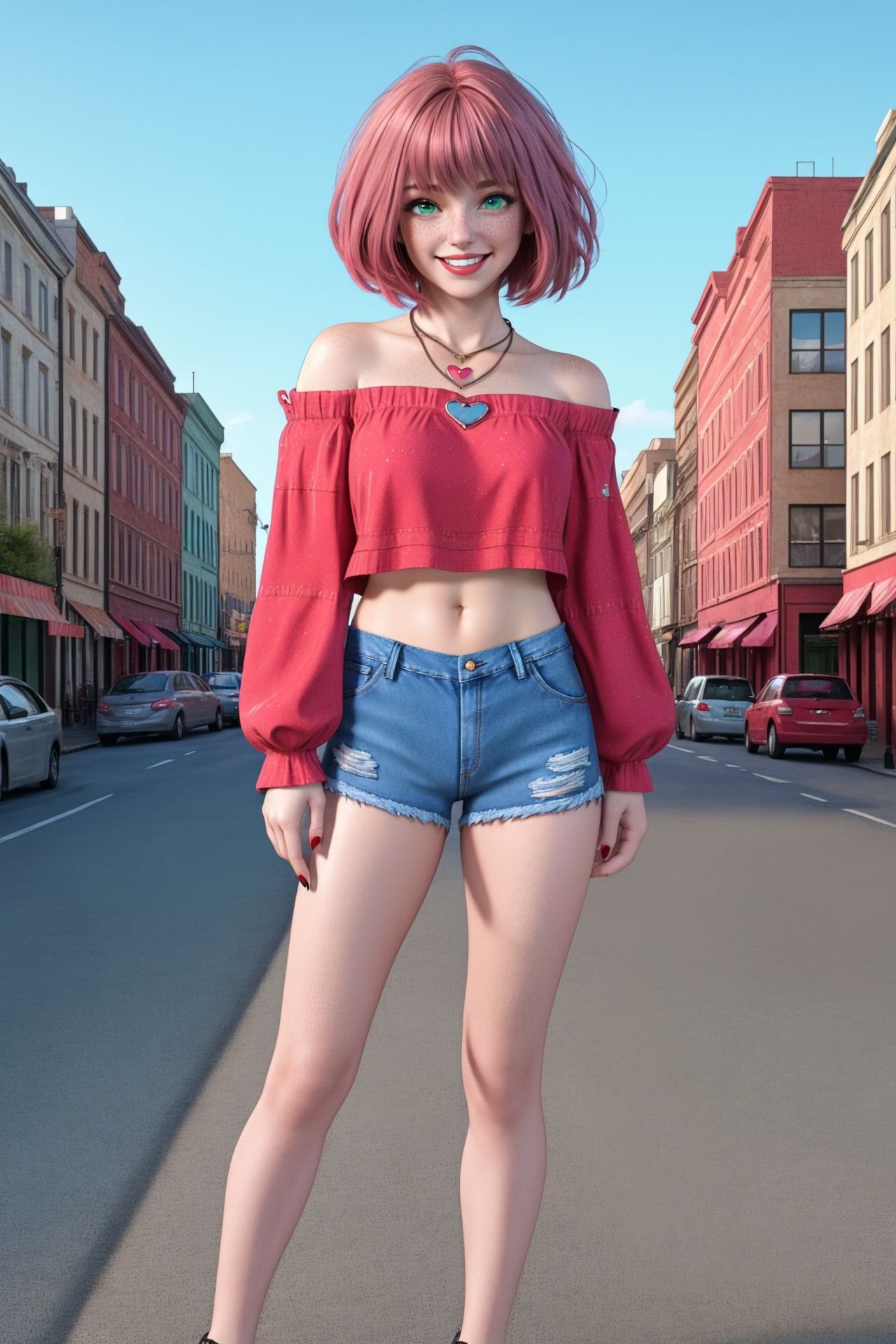 1girl, redhead, pink hair, short hair, heart necklace, freckled, bangs, green eyes, pink lips, red nails, short blue denim short and red top, cutoffs, offshoulder crop top, long sleeves, a heart necklace on her neck, navel, smiling, high quality, masterpiece, 8k, sharp focus, city background, full body visible, 4k, high-res, full body visible<lora:sienna02:0.5>