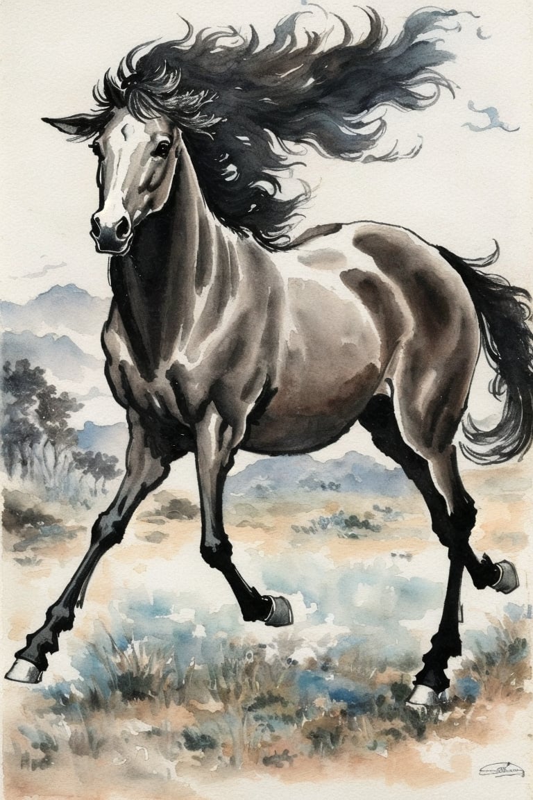 ((HRD, HUD, 8K)),((masterpiece, best quality)), highly detailed, soft light,InkAndWash, no humans, horse, traditional media, painting (medium), full body, signature, watercolor (medium), riding, horseback riding, faux traditional media,  <lora:20240415-1713175931242:0.8>