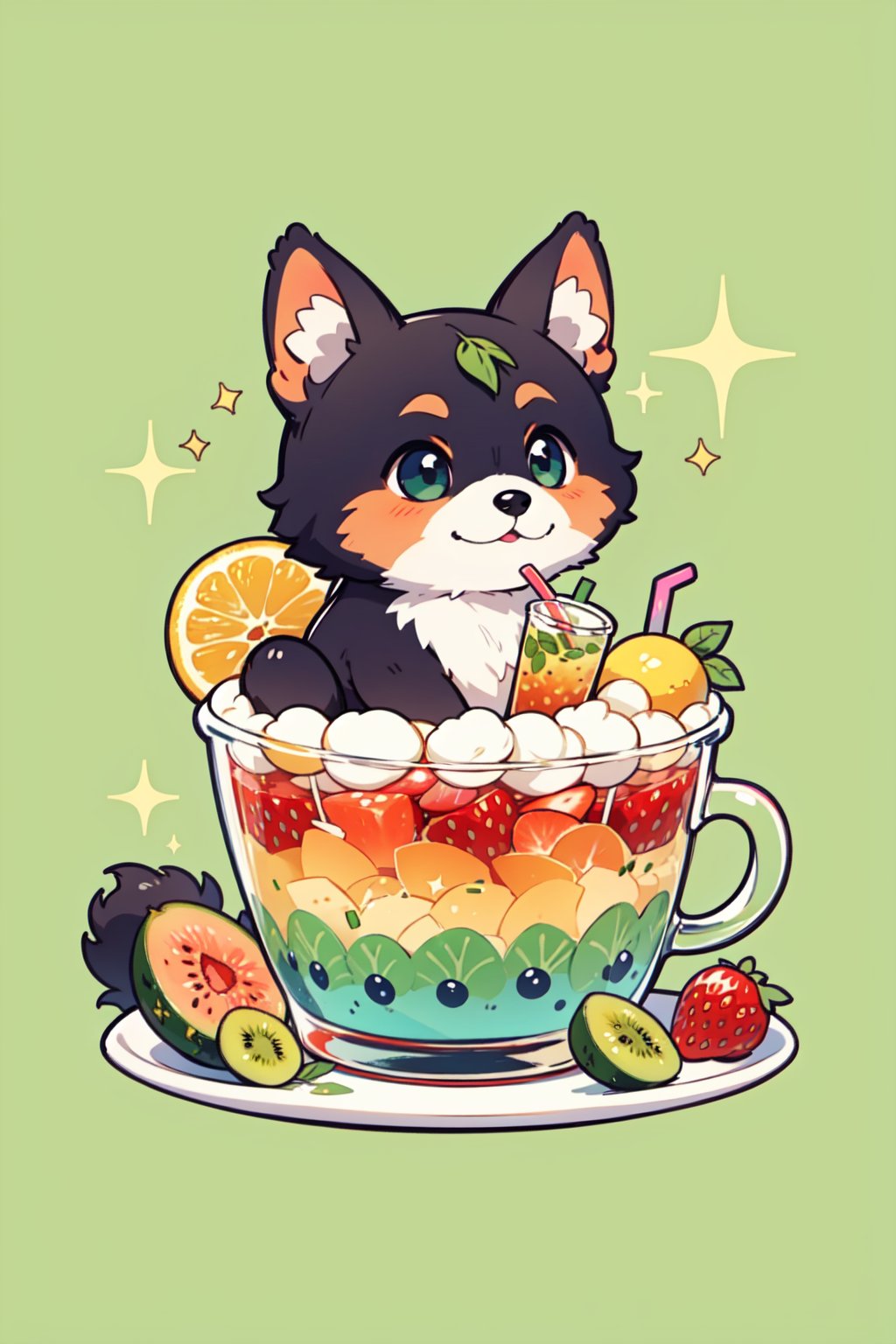 no humans,shiba inu,food focus,fruit,dog,strawberry,cup,holding,cake,animal,kiwi \(fruit\),green background,green theme,sparkle,tea,melon,drinking straw,bubble tea,leaf,drink,simple background,