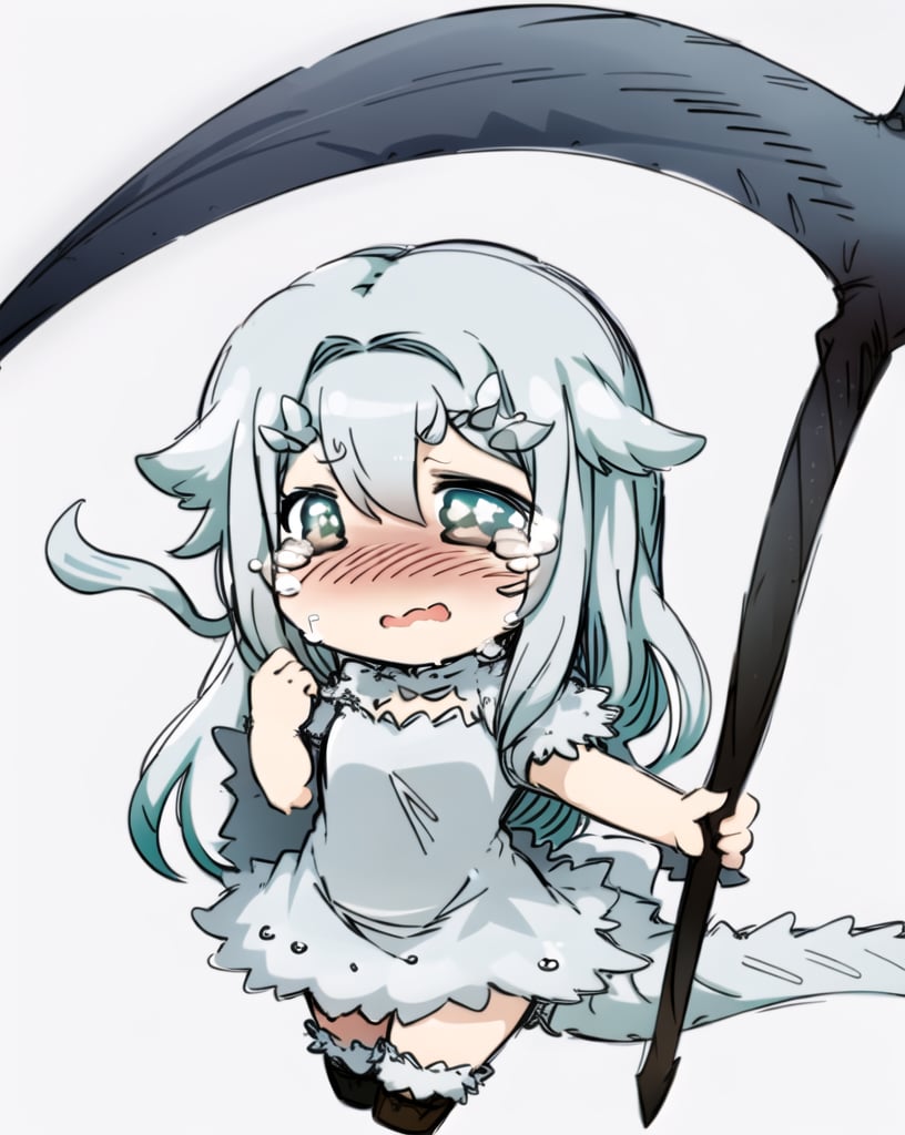 (chibi, sketch),  <lora:sesieldBweeehArtist_bweeehv1:1>simple background,  white background, 1girl, priscilla the crossbreed,  full body, holding scythe, white dress, crying with eyes open, long hair,  white Dragon tail, <lora:priscillaTheCrossbreed_v10:1>, 