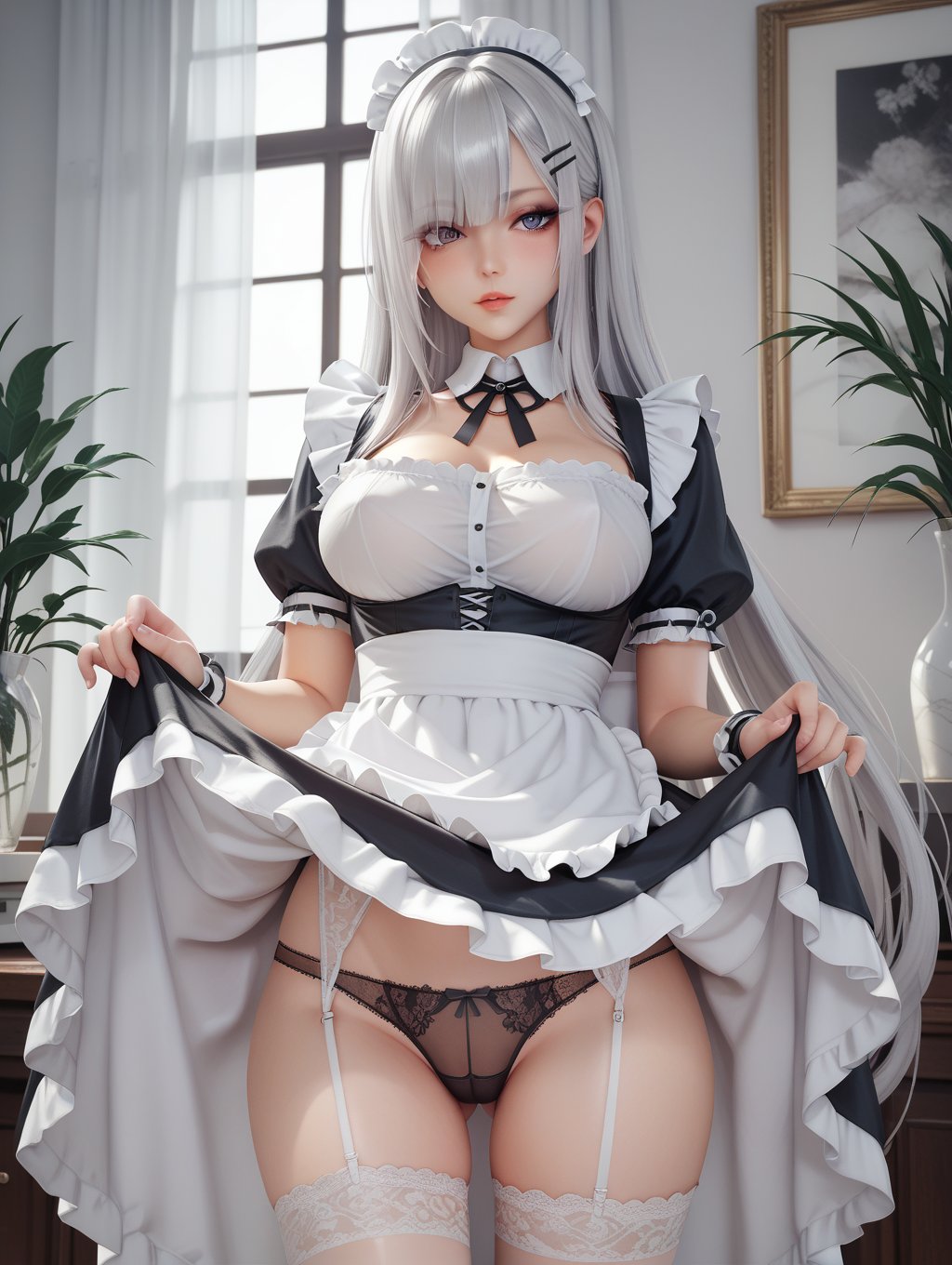 score_9, score_8_up, score_7_up,solo, 1 girl,very long hair, silver hair, eyes visible through hair, miniskirt, maid, makeup, skirt lift, lace-trimmed panties, hairclip, 