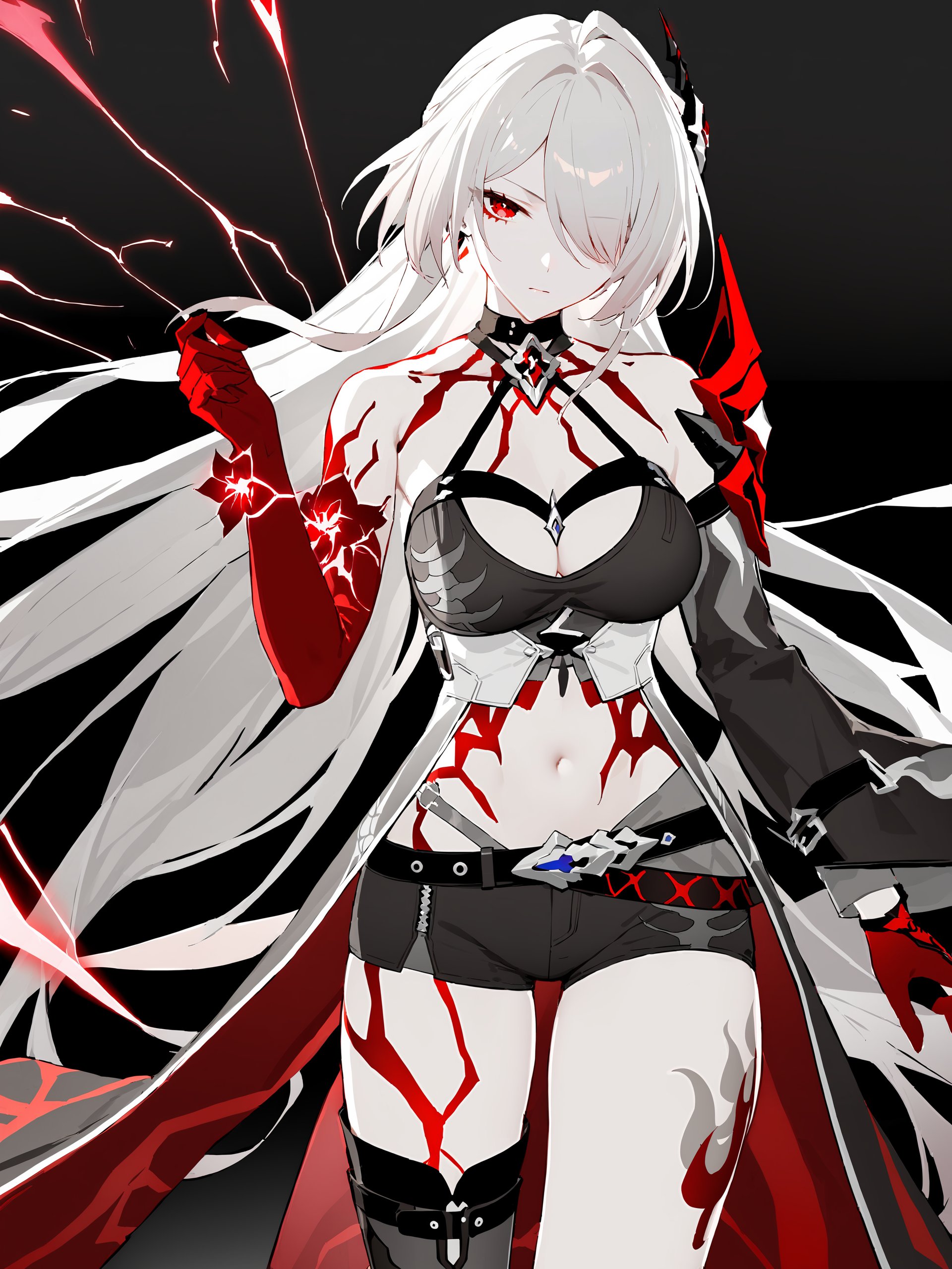 masterpiece, best quality, perfect features, intricate details, ray tracing, very aesthetic, (hitenkei, askzy:0.4), 1girl, acheron \(honkai: star rail\), solo, red eyes, silver hair, grey short shorts, grey leg tattoo, hair ornament, single grey thigh boot, pale skin, uneven legwear, grey midriff, choker, grey long coat, grey single sleeve, red single gauntlet, bodypaint, cowboy shot, blood splatter, red electricity, aura, looking at viewer, floating hair, glaring, hand on hilt, sword  <lora:Char-HonkaiSR-Acheron-XL-V2:0.9>