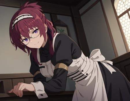 score_9, score_8_up, score_7_up, source_anime,lilyagreyrat, <lora:lilya-greyrat-s1-ponyxl-lora-nochekaiser:1>,lilya greyrat, purple eyes, red hair, glasses,long sleeves, dress, pantyhose, apron, maid, maid headdress, maid apron,indoors, smile, bent over,looking at viewer, dutch angle, cowboy shot,