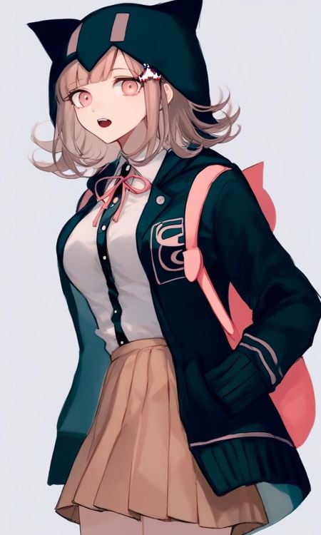 <lora:PONY_character_nanami_chiaki:1>,high quality,nanami chiaki,1girl,hood,skirt,solo,shirt,neck ribbon,jacket,pleated skirt,hood up,ribbon,backpack,bag,pink ribbon,brown skirt,shirt tucked in,breasts,black shirt,simple background,black jacket,white background,teeth,open clothes,cowboy shot,hooded jacket,looking at viewer,white shirt,dress shirt,two-tone shirt,hands in pockets,collared shirt,pink bag,miniskirt,open mouth,long sleeves,upper teeth only,brown hair,open jacket,animal bag,animal hood,:o,large breasts,hair ornament,cat bag,animal ears,fake animal ears,flipped hair,grey shirt,, score_9, score_8_up, score_7_up, score_6_up, score_5_up, score_4_up, just describe what you want, tag1, tag2