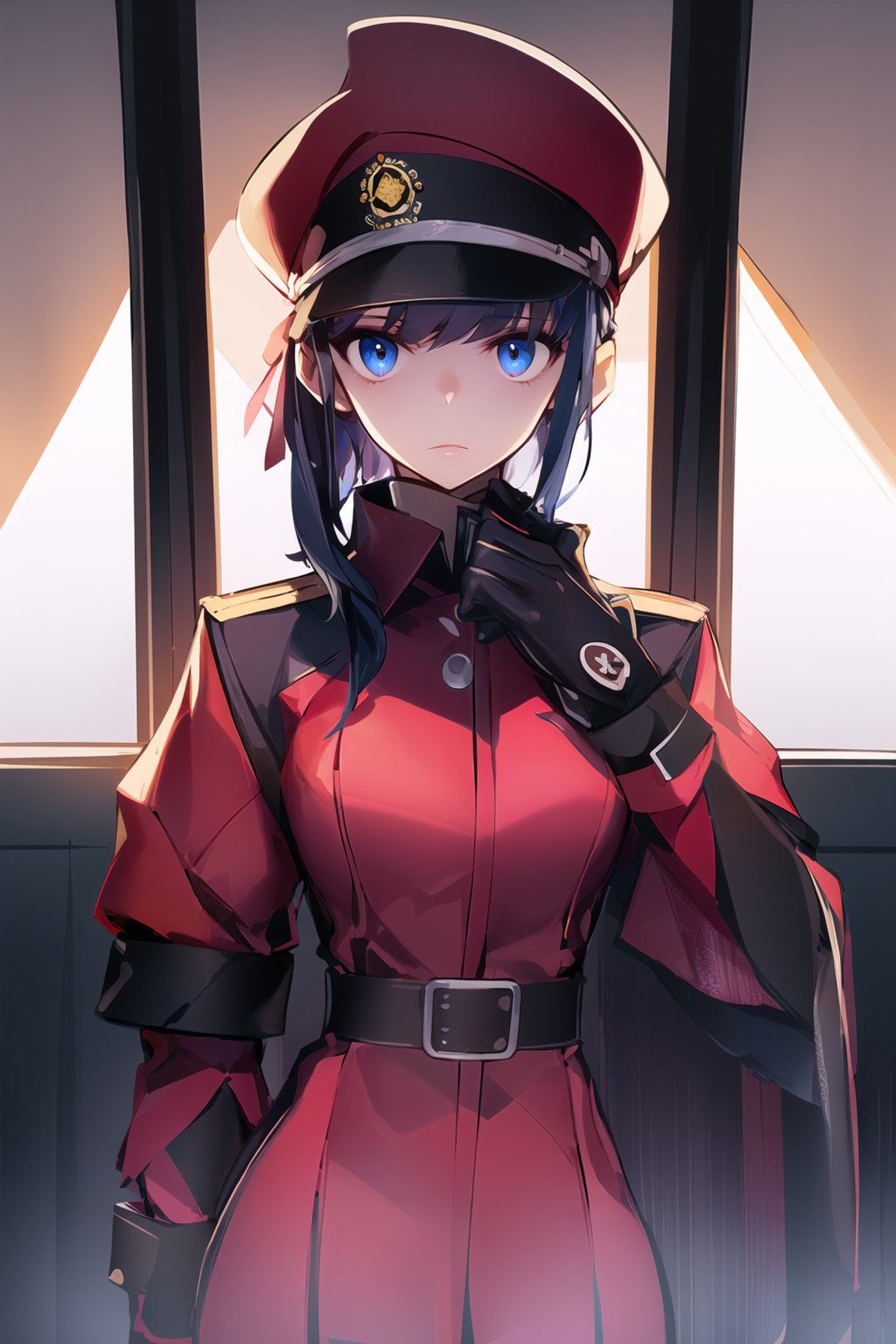 (masterpiece, best quality:1.2), <lora:style_panamaman-20:1>, (thick outlines, cinematic lighting:1.2), solo, 1girl, expressionless, closed mouth, dark blue hair, bangs, sidelocks, peaked cap, black eyes, military uniform, aiguillette, long sleeves, wrist cuffs, gloves