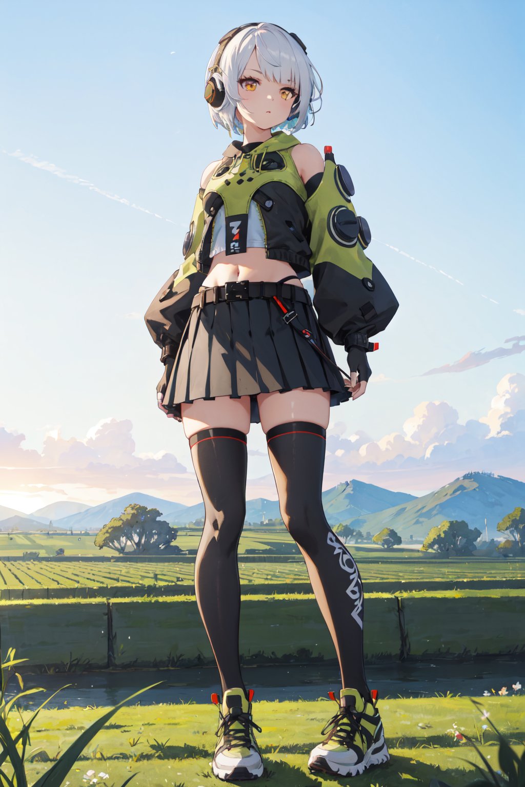 <lora:Anby-000020:0.88>,Anby CYQL,1girl,looking at viewer,solo,short hair,white hair,headphones,yellow eyes,jacket,midriff,long sleeves,detached sleeves,gloves,black gloves,fingerless gloves,navel,skirt,pleated skirt,black skirt,belt,thighhighs,black thighhighs,shoes,sneakers,green footwear,blush,full_shot,As the first light of day breaks, golden sunshine spills onto the lush green rice fields, where dewdrops sparkle like pearls embedded in the earth. The aroma of rice mingles with the scent of soil,beautiful detailed sky,beautiful detailed glow,posing in front of a colorful and dynamic background,masterpiece,best quality,beautiful and aesthetic,contrapposto,female focus,wallpaper,