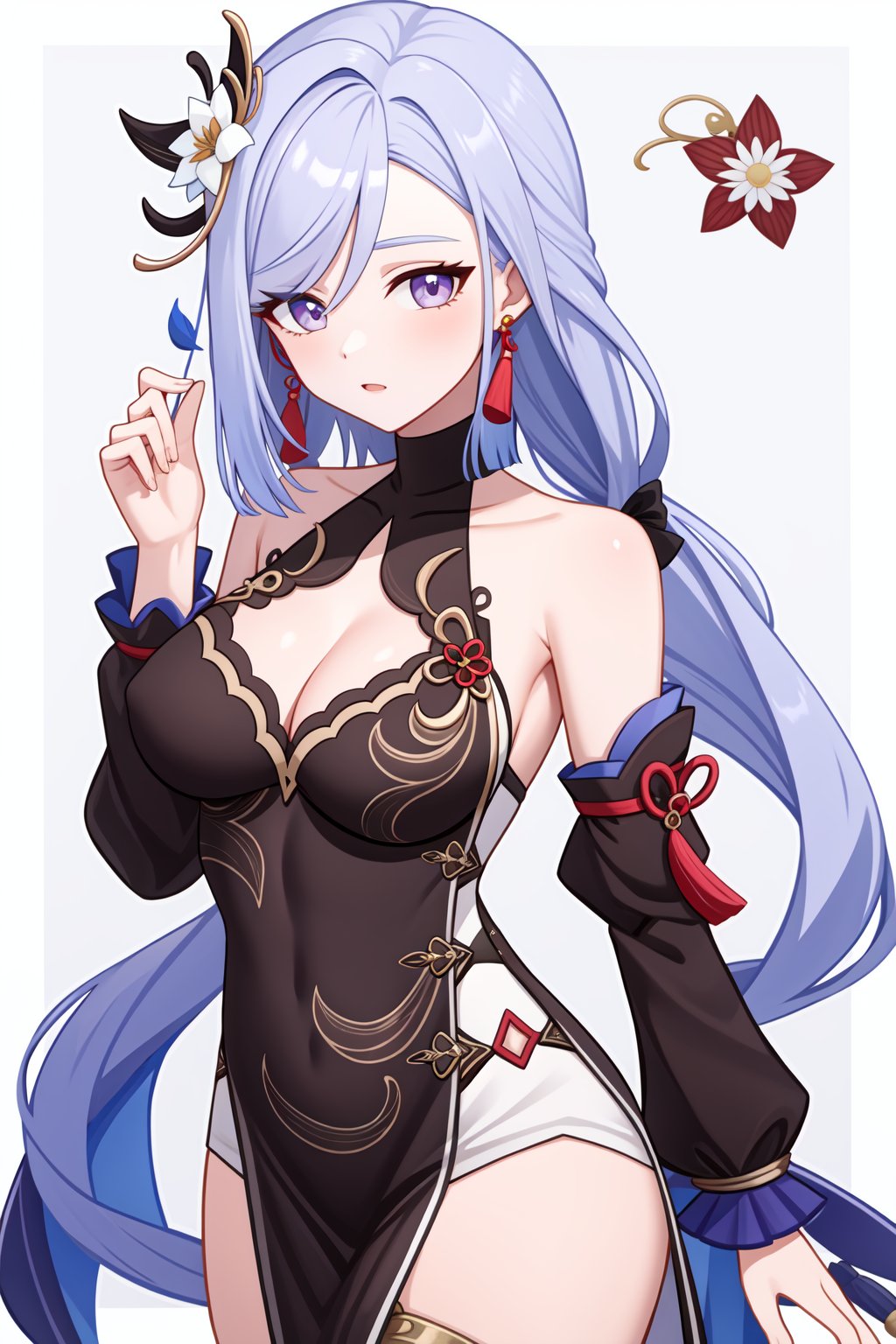 <lora:申鹤皮肤v2:1:lbw=char>,1girl,shenhe \(genshin impact\),bare shoulders,detached sleeves,black dress,alternate costume,tassel,china dress,long sleeves,tassel earrings,high quality,chinese clothes,cleavage,flower,, (masterpiece,best quality,high quality:1.2),absurdres,