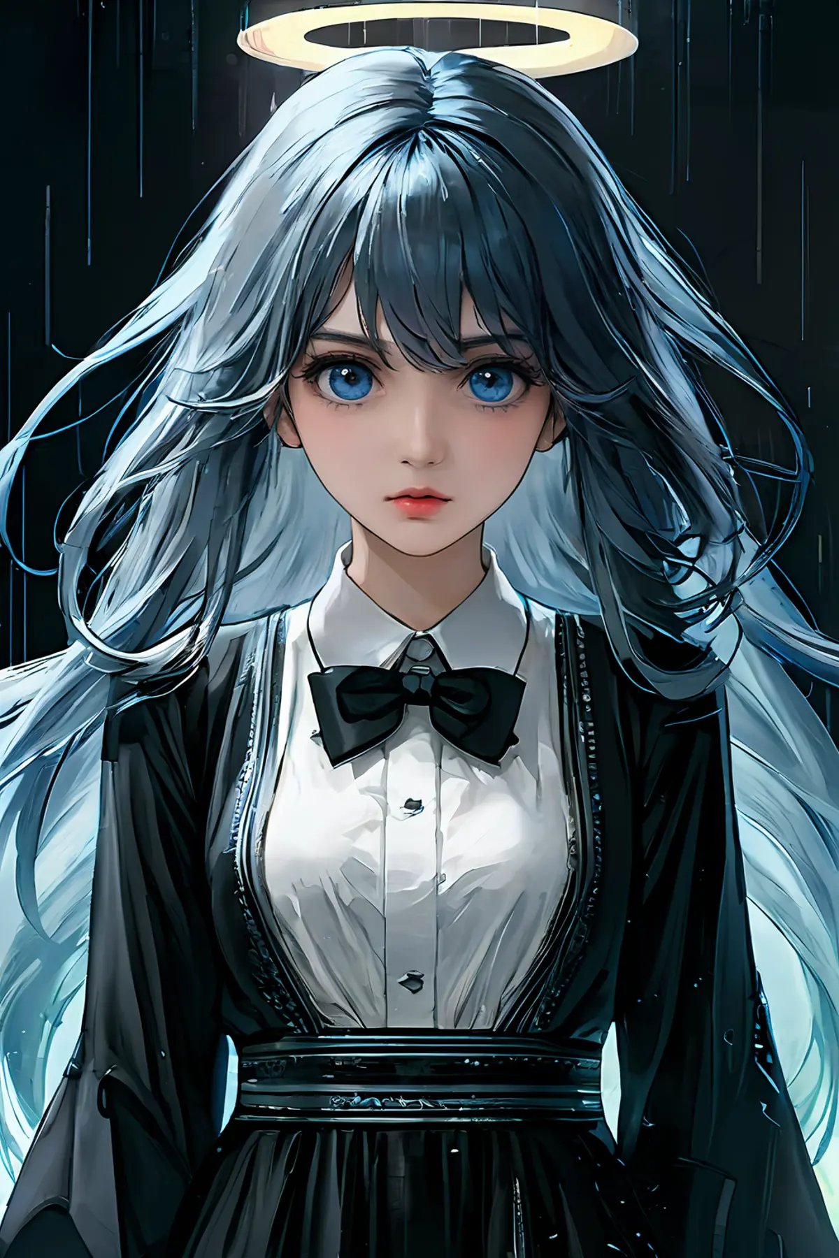 (((masterpiece))),best quality,illustration,(beautiful detailed girl),beautiful detailed glow,((flames of war)),(((nuclear explosion behide))),rain,detailed lighting,detailed water,(beautiful detailed eyes),expressionless,palace,azure hair,disheveled hair,long bangs,hairs between eyes,(whitegrey dress),black ribbon,white bowties,midriff,big forhead,blank stare,flower,long sleeves,