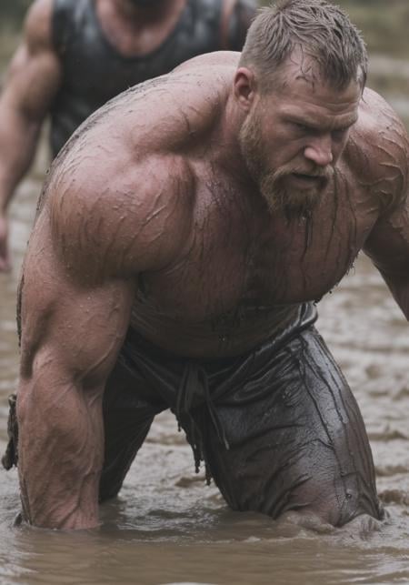 Malefocus, high-resolution (8K high budget Hollywood movie capture), , (a fierce Viking beserker-burky-muscular-hairy-stocky-strongman), overcome with battle lust ready for the next challenger, 4D indepth, 4D depth of field, close-up shot, strong expression focus, (no shirt  mens only mud wrestling), Primal Masculinity, [covered in dripping wet black mud].