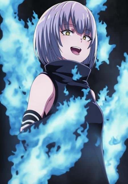 <lora:Ataru:0.8>,  Ataru, 1girl, solo, looking at viewer, smile, open mouth, gloves, upper body, sleeveless, black gloves, turtleneck, fire, blue fire