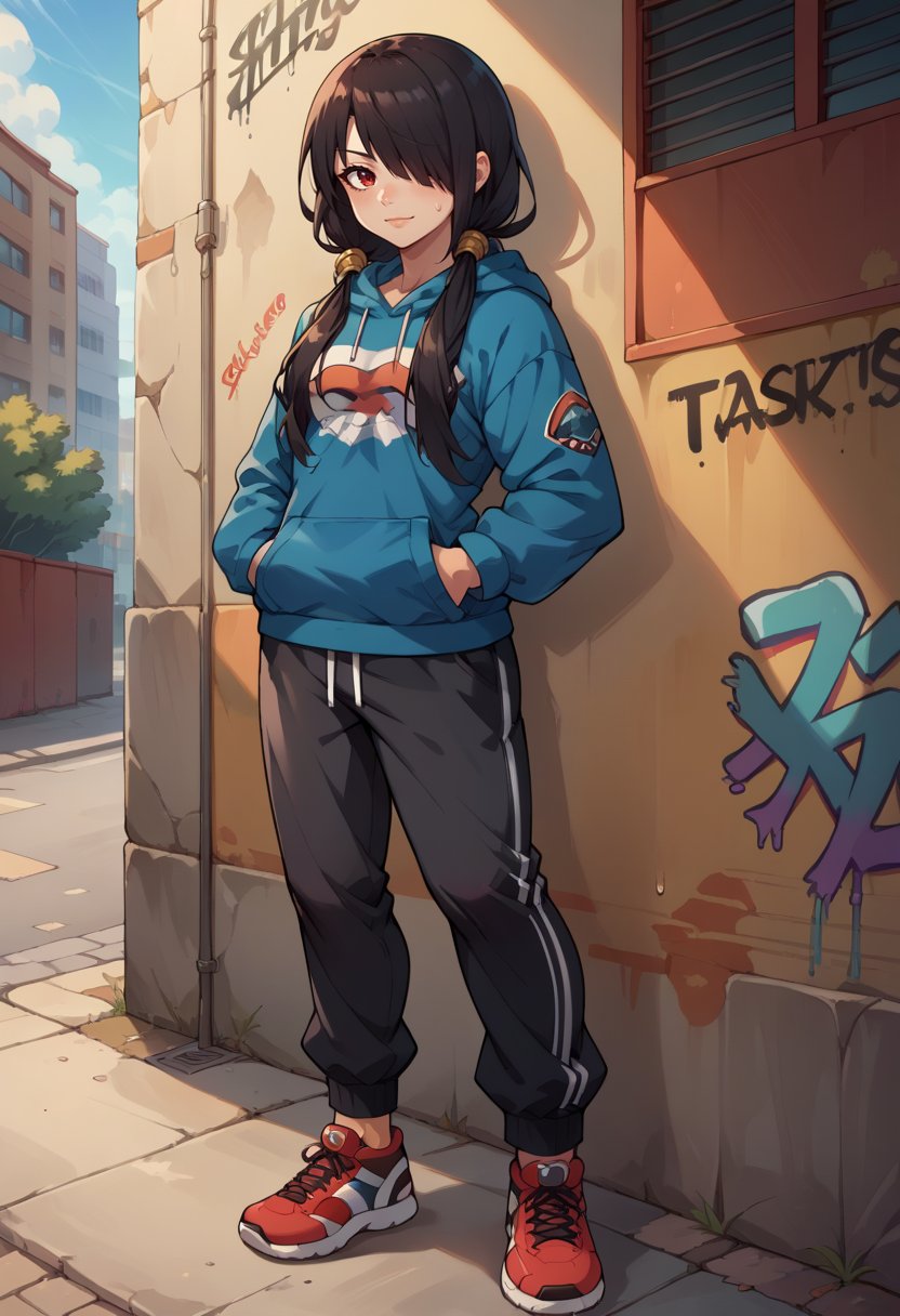 score_9, score_8_up, score_7_up, source_anime, TokisakiKurumi, black hair, low twintails, hair over one eye, red eye, urban and street style, graffiti-inspired colors, cool and edgy attire, sweatpants, hoodie, stylish sneakers, fashionable accessories, hip hop jewelry, confident expression, graffiti walls, energetic and vibrant atmosphere, <lora:ChamTokisakiKurumiPDXL:1>