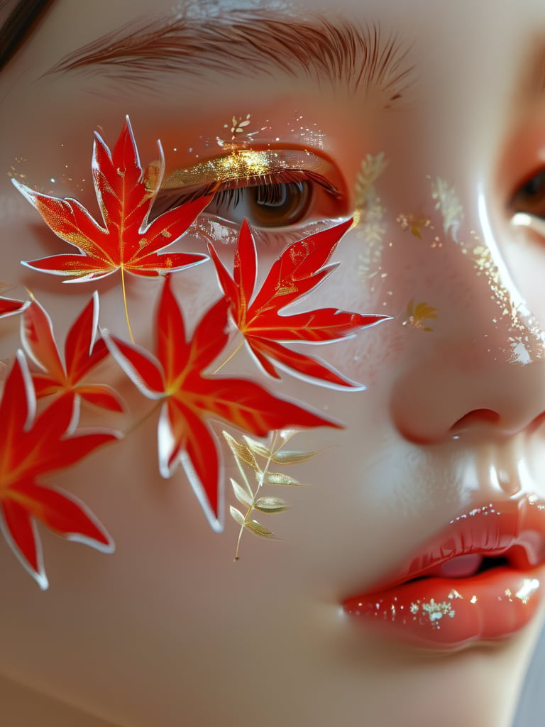 zhuangrong,Symmetrical half face, 1girl, leaf, solo, close-up, lips, brown eyes, autumn leaves, eye focus, eyelashes, parted lips, maple leaf, blurry,<lora:xlgfzr:1>,