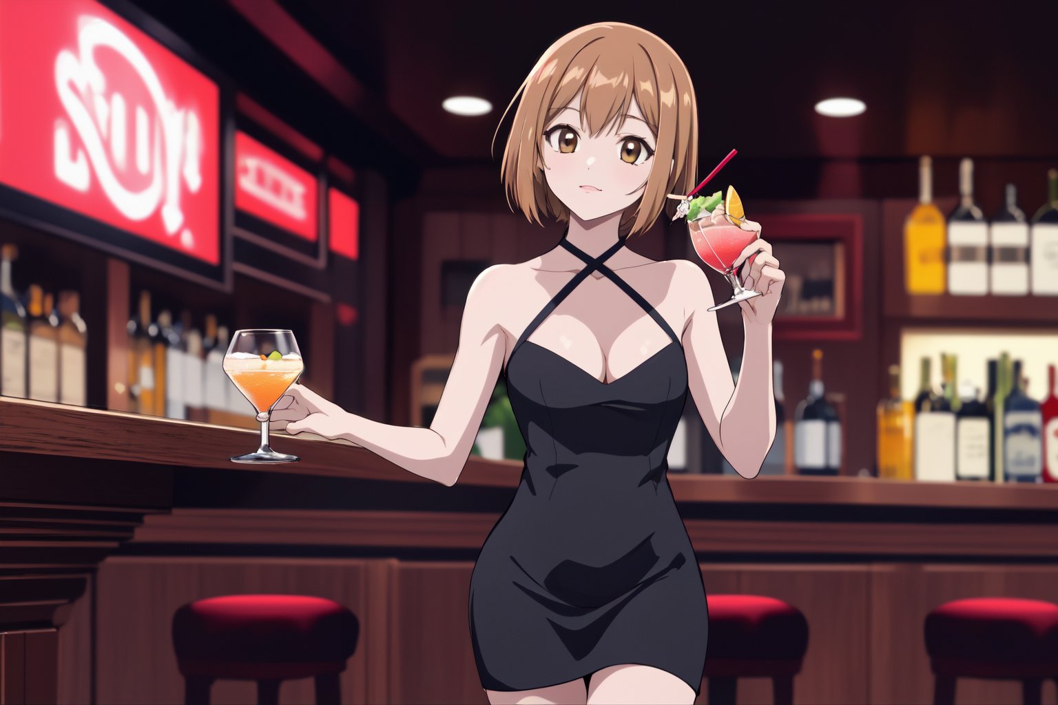 (RAW photo, best quality), 1girl,  natural lighting,  <lora:shouko_dr_elise_v1_2-000004:1>, shouko, night club, sexy dress, drinking cocktails, 