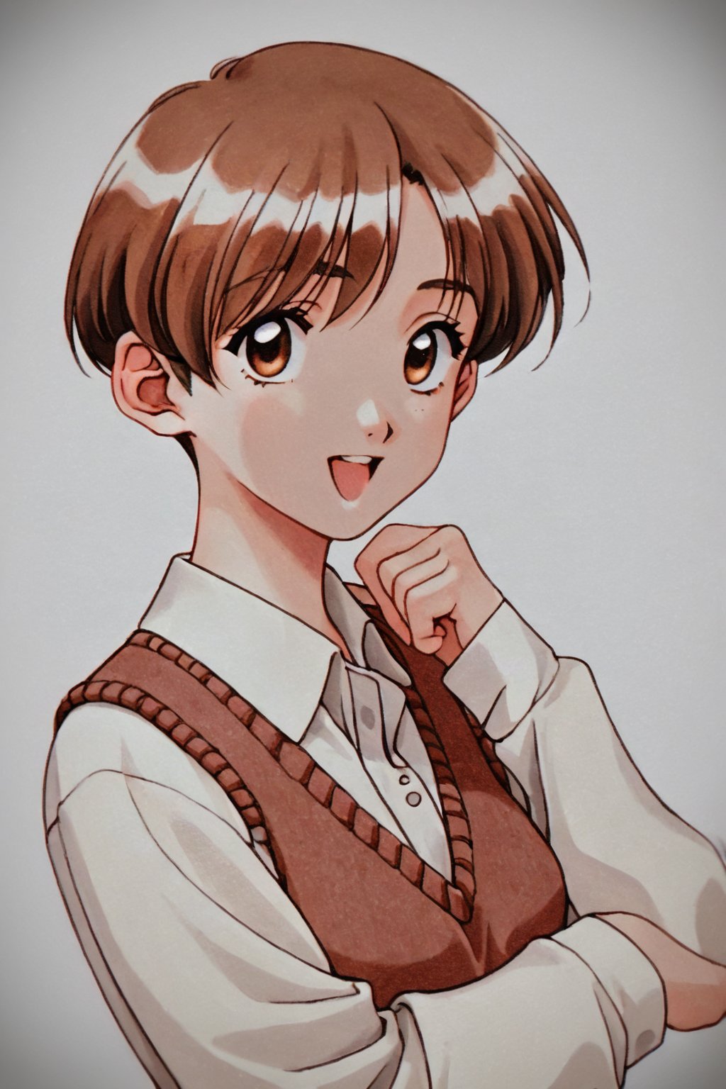 score_9, score_8_up, score_7_up, score_6_up, score_5_up, score_4_up, source_anime, s_m_tooru, 1girl, solo, short hair, brown eyes, brown hair, sweater vest, open mouth, simple background, white background, looking at viewer, long sleeves, smile, shirt, upper body, collared shirt, school uniform,masterpiece, perfect face, best quality, beautiful girl, blurry background, cute girl, beautiful eyes, shiny eyes,  ((traditional media, light watercolor)), absurdres, <lora:m tooru auti:0.8>