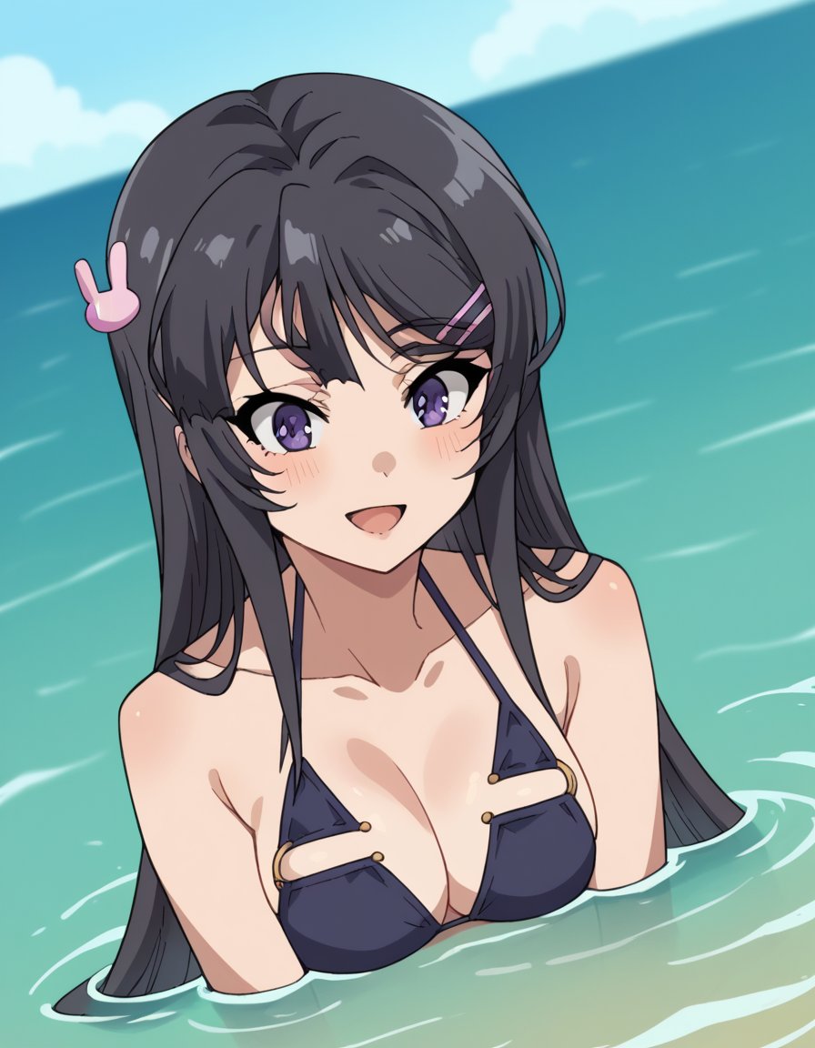 score_9, score_8_up, score_7_up, source_anime, maisakurajima, <lora:mai-sakurajima-s1-ponyxl-lora-nochekaiser:1> mai sakurajima, long hair, bangs, black hair, hair ornament, purple eyes, hairclip, rabbit hair ornament,, <lora:florida-bikini-ponyxl-lora-nochekaiser:1>, florida bikini, bikini, swimsuit,, ocean, submerged, water, blush, smile, open mouth,, cowboy shot, dutch angle,